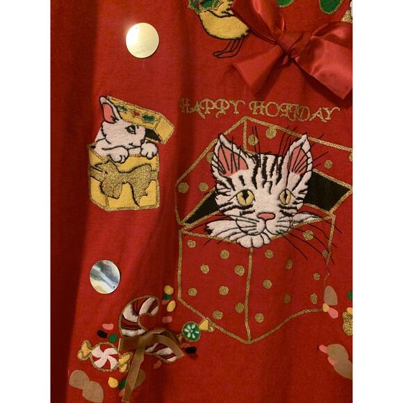 Sweet Blondie red christmas themed blouse shirt kitty bear made in US VTG 1X - Picture 3 of 7
